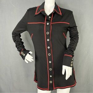 Marina Moscone Black Coverstitch Button Down Polo Shirt Contrast Topstitching L